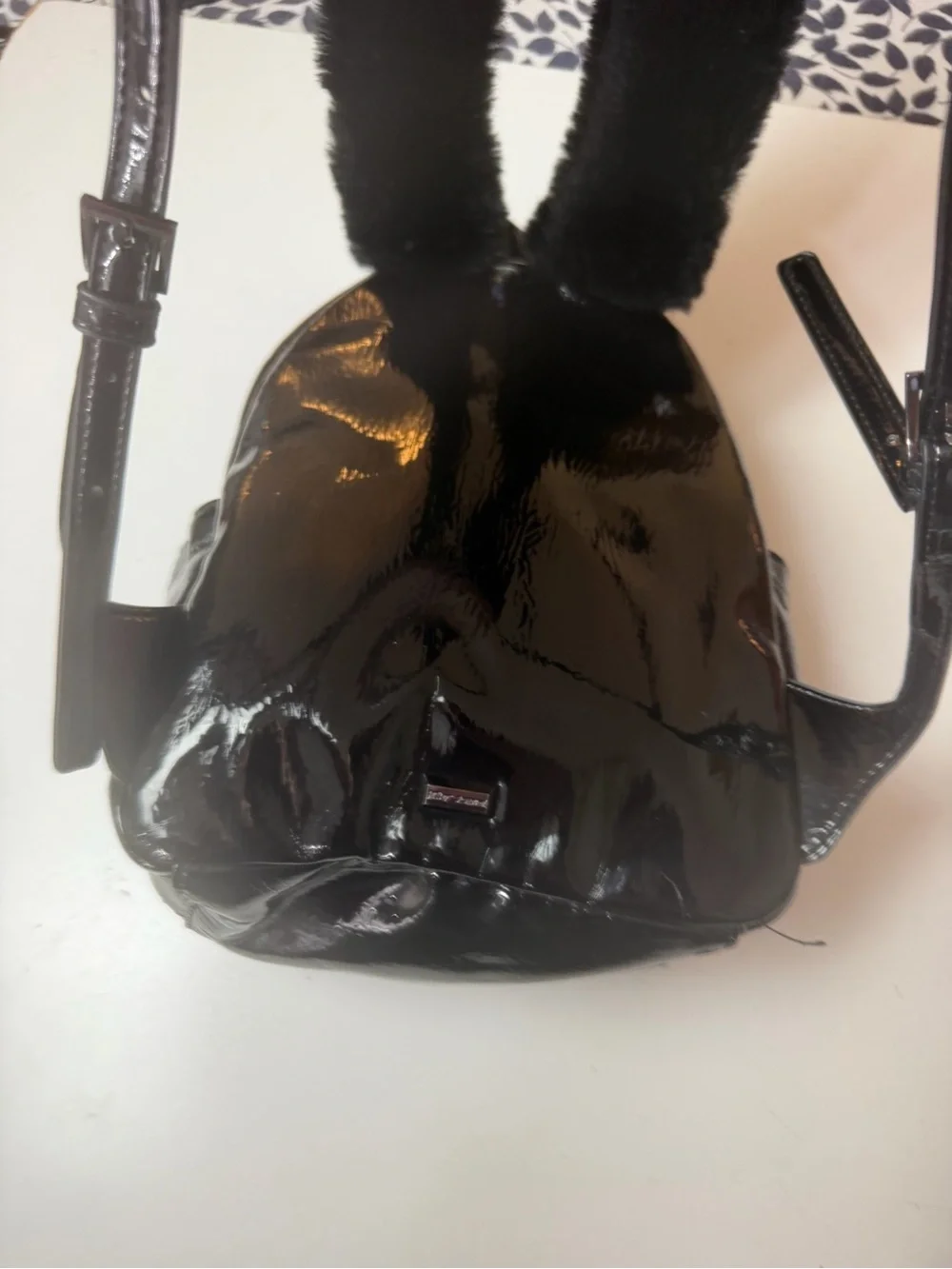 Betsey Johnson Black Glossy Meow In The Dark Cat Eyes Faux Fur Mini Backpack